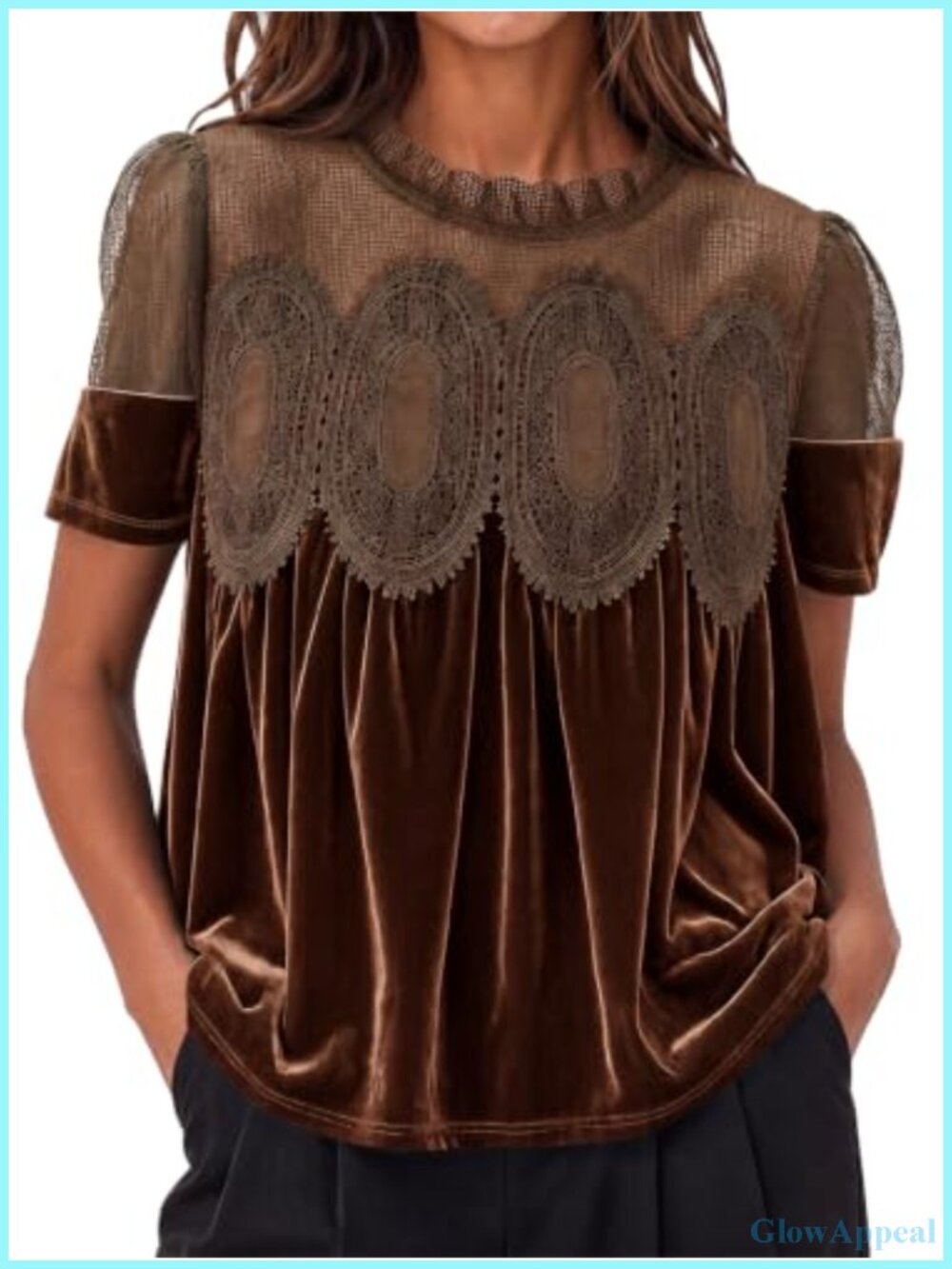 Velvet Lace Babydoll Peplum Blouse Puff Short Sleeve Top